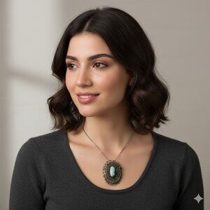 Antique Egyptian 800 Silver Cannetille Filigree Turquoise Pendant | Intricate Wi